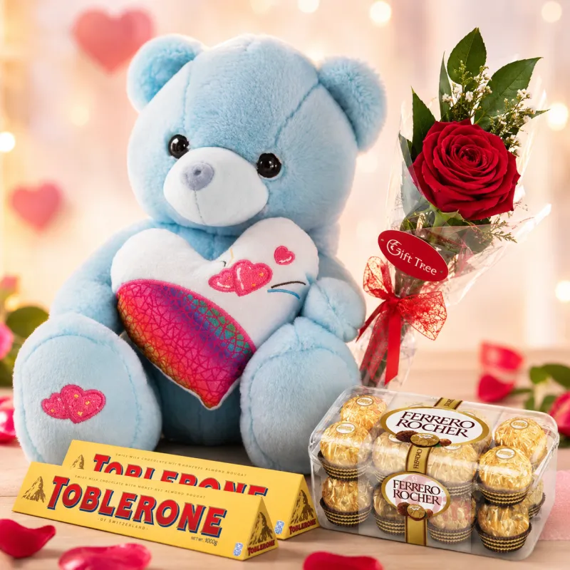 Love Teddy Gift Combo with Red Rose & Premium Chocolates