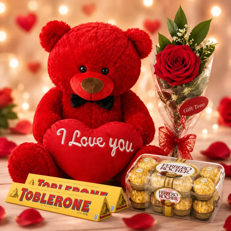Romantic Red Teddy Bear Gift Set with Rose & Chocolates
