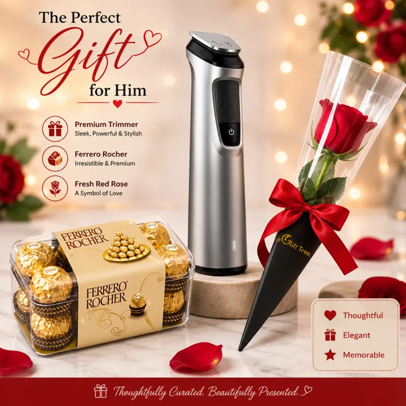Premium Men's Grooming Gift Set with Trimmer, Ferrero Rocher & Red Rose