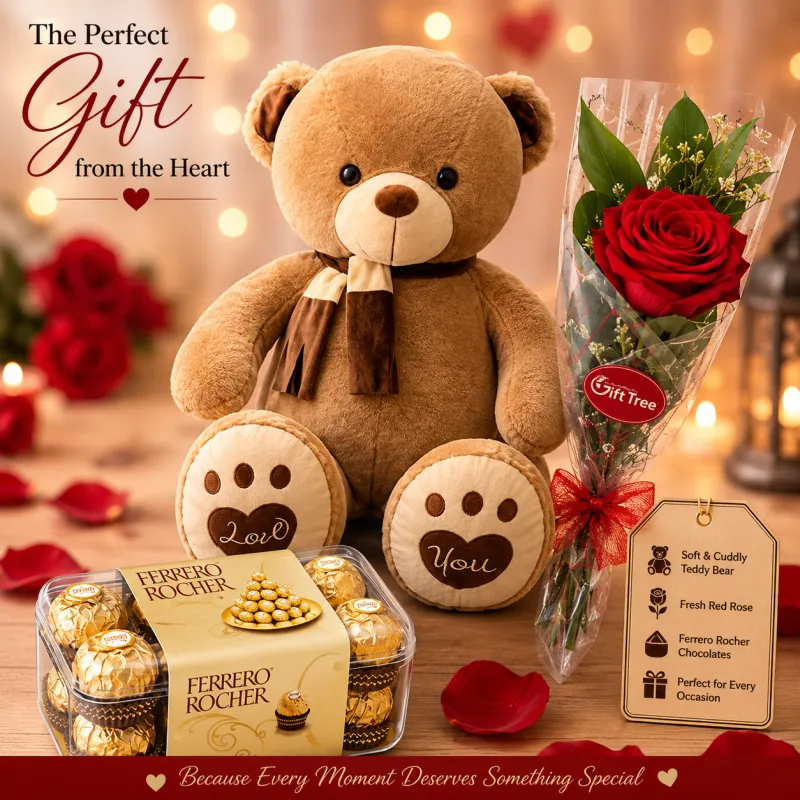 Romantic Teddy Bear Gift Set with Ferrero Rocher & Red Rose